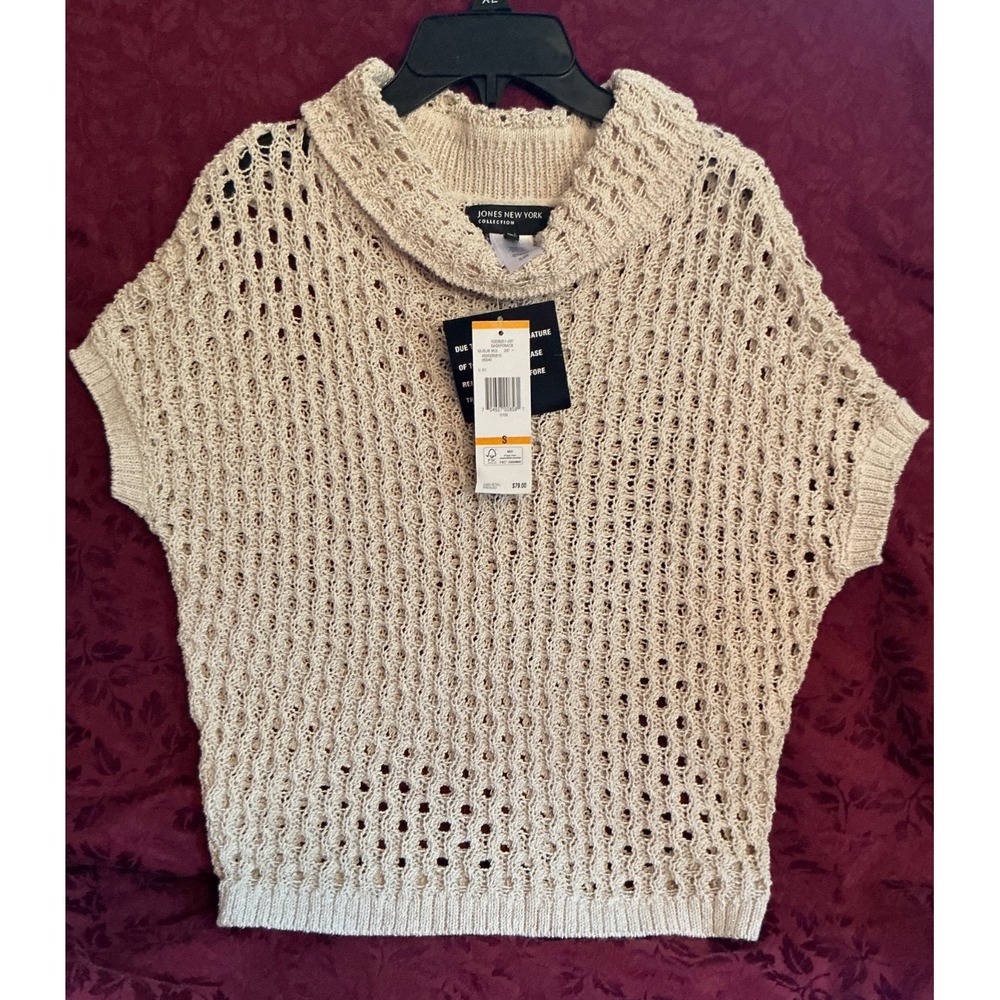 JONES N Y COLLECTION Cotton Blend Open Knit Mock Neck Top Sz S NWT Quiet Luxury